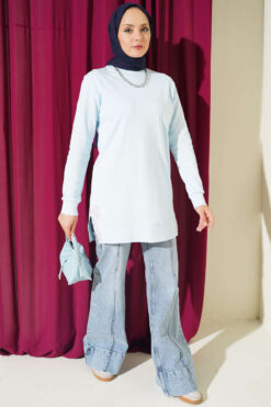 Alternative view of Rhinestone Embroidered Crew Neck Tunic Baby Blue