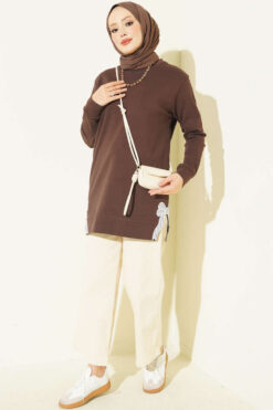 Alternative view of Rhinestone Embroidered Crew Neck Tunic Brown