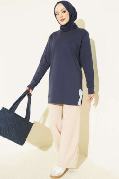 Alternative view of Rhinestone Embroidered Crew Neck Tunic Navy Blue