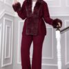 ⁦Luxurious French Terry Knit Two-Piece Set with Faux Fur Trim Burgundy⁩ - الصورة ⁦3⁩