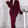 Luxurious French Terry Knit Two-Piece Set with Faux Fur Trim Burgundy