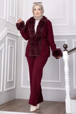 Luxurious French Terry Knit Two-Piece Set with Faux Fur Trim Burgundy
