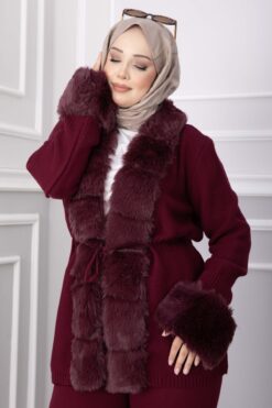 Alternative view of Luxurious French Terry Knit Two-Piece Set with Faux Fur Trim Burgundy