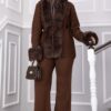 Luxurious French Terry Knit Two-Piece Set with Faux Fur Trim Brown
