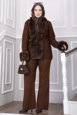 Luxurious French Terry Knit Two-Piece Set with Faux Fur Trim Brown