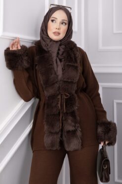 Alternative view of Luxurious French Terry Knit Two-Piece Set with Faux Fur Trim Brown