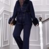 Luxurious French Terry Knit Two-Piece Set with Faux Fur Trim Navy Blue