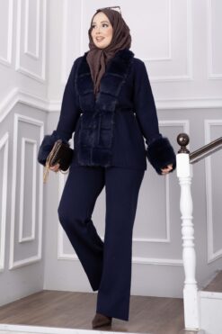 Luxurious French Terry Knit Two-Piece Set with Faux Fur Trim Navy Blue