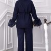 Luxurious French Terry Knit Two-Piece Set with Faux Fur Trim Navy Blue - الصورة 4