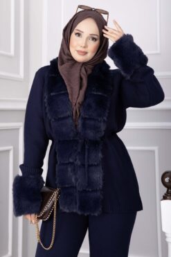 Alternative view of Luxurious French Terry Knit Two-Piece Set with Faux Fur Trim Navy Blue