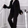 Luxurious French Terry Knit Two-Piece Set with Faux Fur Trim Black - الصورة 3