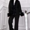 Luxurious French Terry Knit Two-Piece Set with Faux Fur Trim Black