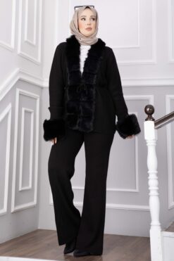 Luxurious French Terry Knit Two-Piece Set with Faux Fur Trim Black