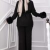 Luxurious French Terry Knit Two-Piece Set with Faux Fur Trim Black - الصورة 4
