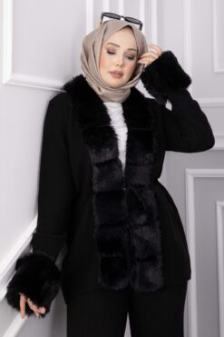 Alternative view of Luxurious French Terry Knit Two-Piece Set with Faux Fur Trim Black