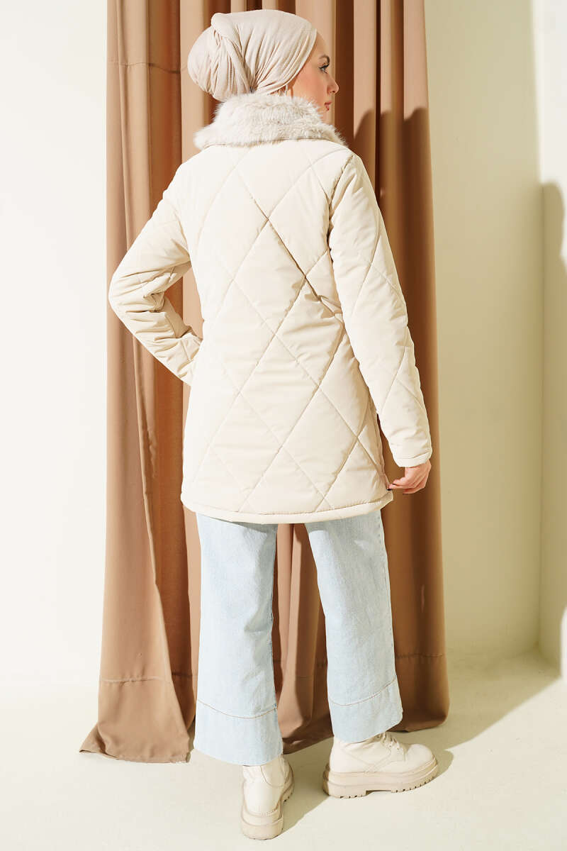 Faux Fur Collar Zip-up Quilted Coat Beige – Bild 3