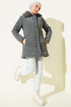 Alternative view of Faux Fur Collar Zip-up Quilted Coat Smoke