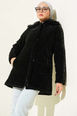 Alternative view of Faux Fur Collar Zip-up Quilted Coat Black