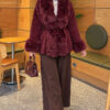 Faux Fur-Trimmed Angora Wool Coat with Belted Waist Burgundy – Image 2