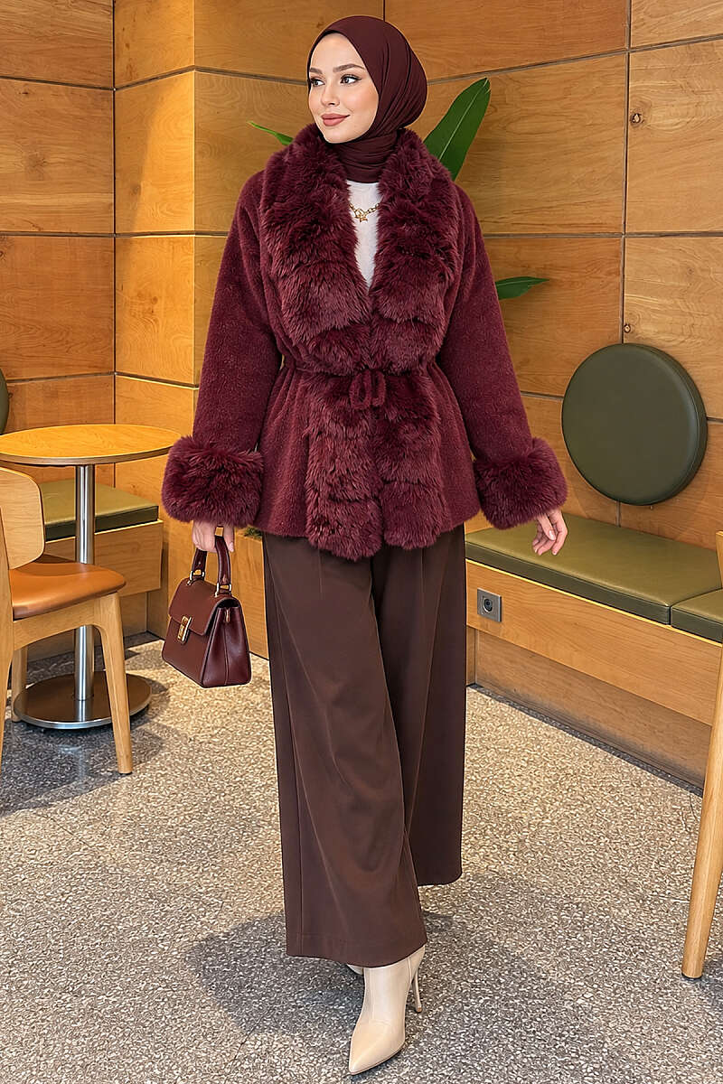 Faux Fur-Trimmed Angora Wool Coat with Belted Waist Burgundy – Image 2