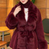 Faux Fur-Trimmed Angora Wool Coat with Belted Waist Burgundy – Image 3