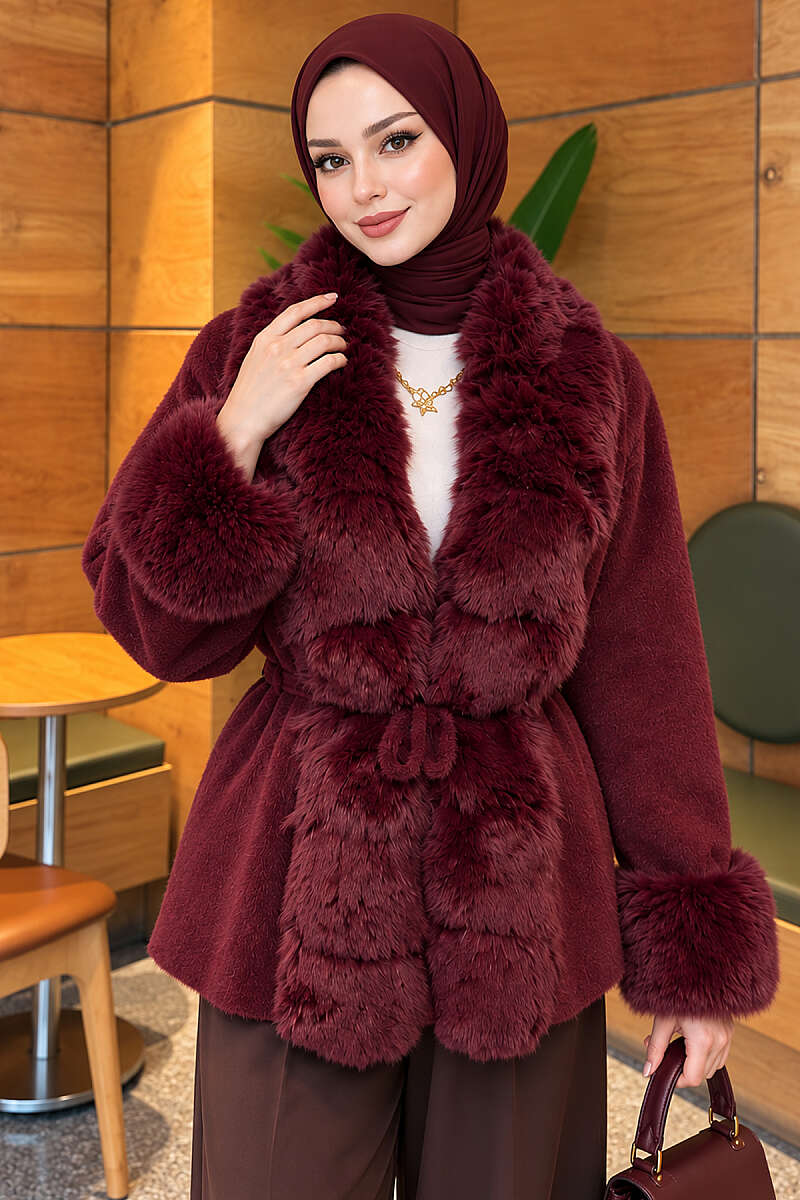 Faux Fur-Trimmed Angora Wool Coat with Belted Waist Burgundy – Image 3