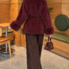 Faux Fur-Trimmed Angora Wool Coat with Belted Waist Burgundy – Image 4