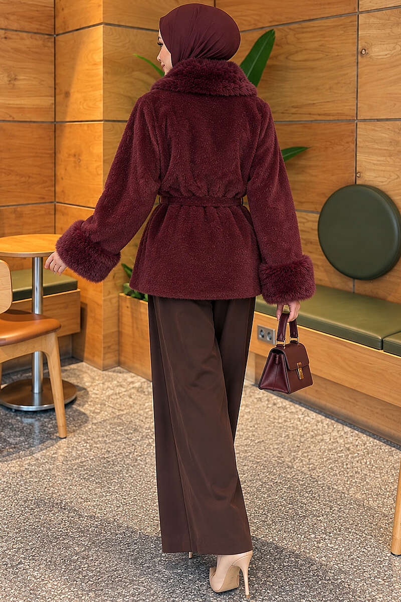 Faux Fur-Trimmed Angora Wool Coat with Belted Waist Burgundy – Image 4