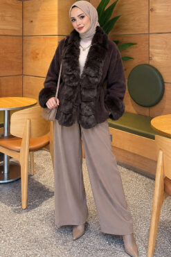 Alternative view of Faux Fur-Trimmed Angora Wool Coat with Belted Waist Brown