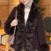 Faux Fur-Trimmed Angora Wool Coat with Belted Waist Brown – Image 3