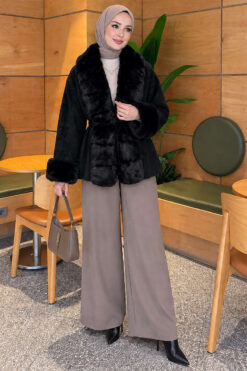 Alternative view of Faux Fur-Trimmed Angora Wool Coat with Belted Waist Black