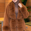 Faux Fur-Trimmed Angora Wool Coat with Belted Waist Tan