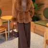 Faux Fur-Trimmed Angora Wool Coat with Belted Waist Tan - Afbeelding 2