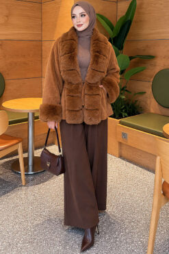 Alternative view of Faux Fur-Trimmed Angora Wool Coat with Belted Waist Tan