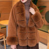 Faux Fur-Trimmed Angora Wool Coat with Belted Waist Tan - Afbeelding 3