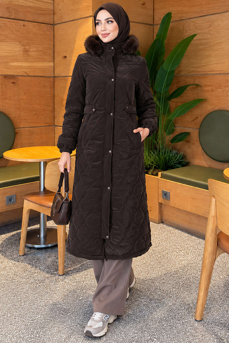 Faux Fur-Trimmed Jacket with Zipper Detail Dark Brown