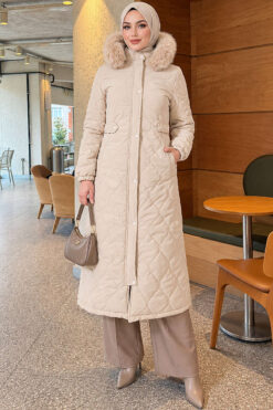 Faux Fur-Trimmed Jacket with Zipper Detail Beige