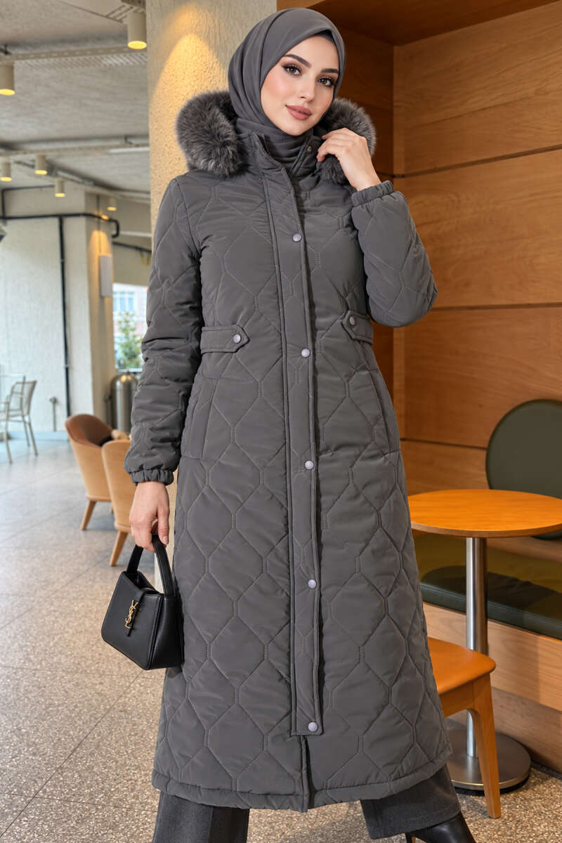 Faux Fur-Trimmed Jacket with Zipper Detail Smoke - Image 2