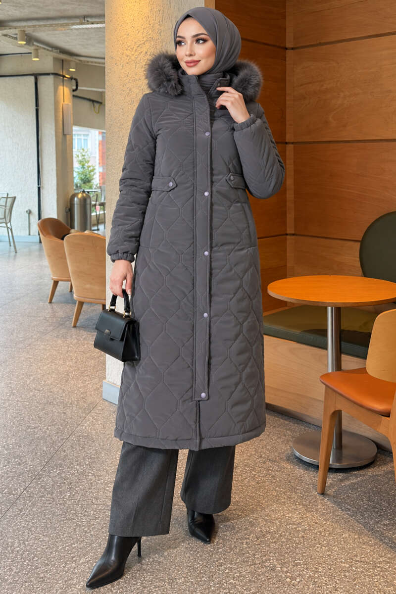 Faux Fur-Trimmed Jacket with Zipper Detail Smoke - Image 3