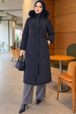 Faux Fur-Trimmed Jacket with Zipper Detail Navy Blue