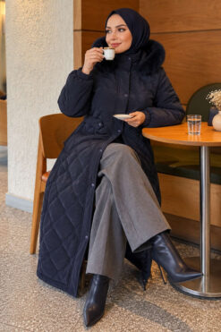 Alternative view of Faux Fur-Trimmed Jacket with Zipper Detail Navy Blue