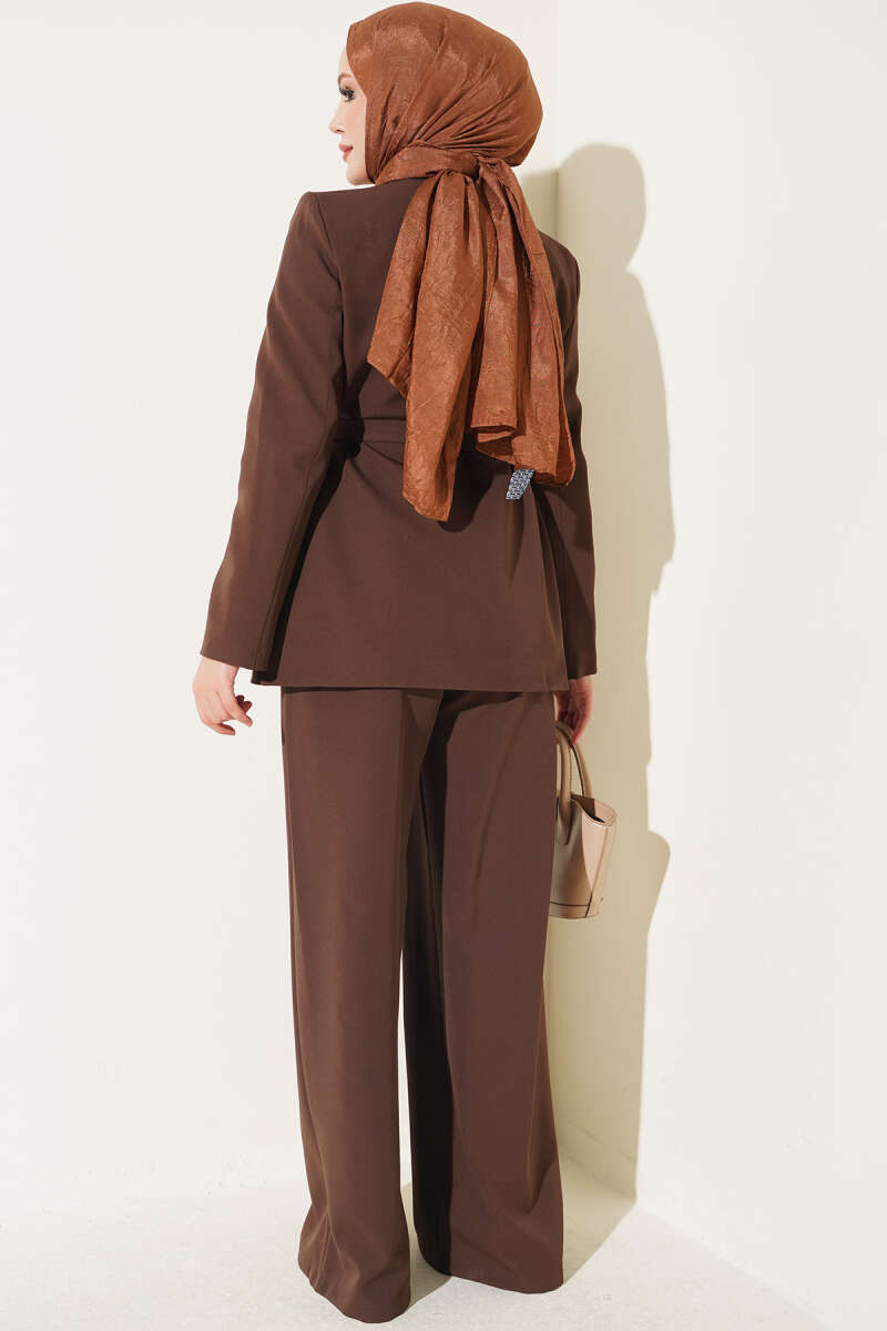Belted Pocket Detail French Terry Two-Piece Set Brown - Imagen 3