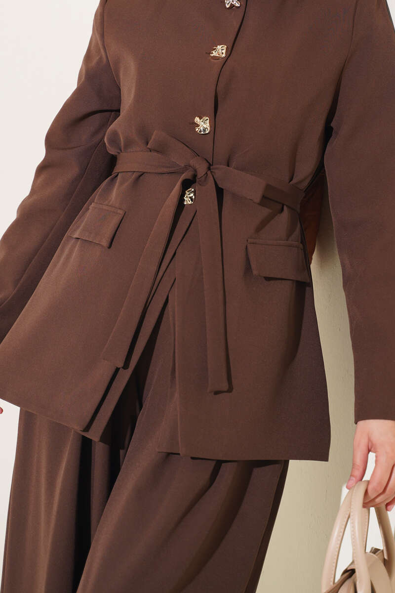 Belted Pocket Detail French Terry Two-Piece Set Brown - Imagen 4