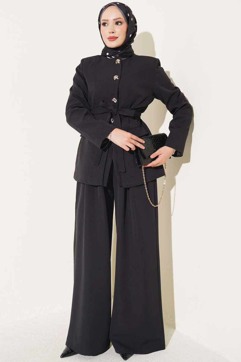 Belted Pocket Detail French Terry Two-Piece Set Black