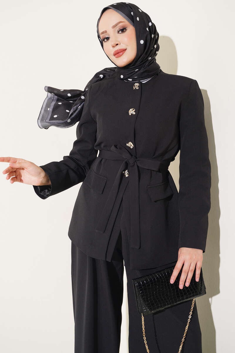 Belted Pocket Detail French Terry Two-Piece Set Black - Imagen 2
