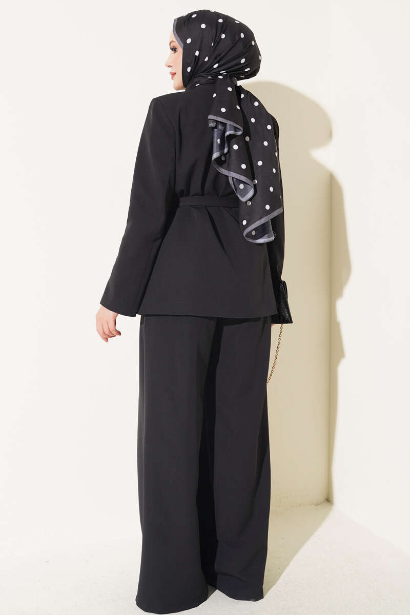 Belted Pocket Detail French Terry Two-Piece Set Black - Imagen 3