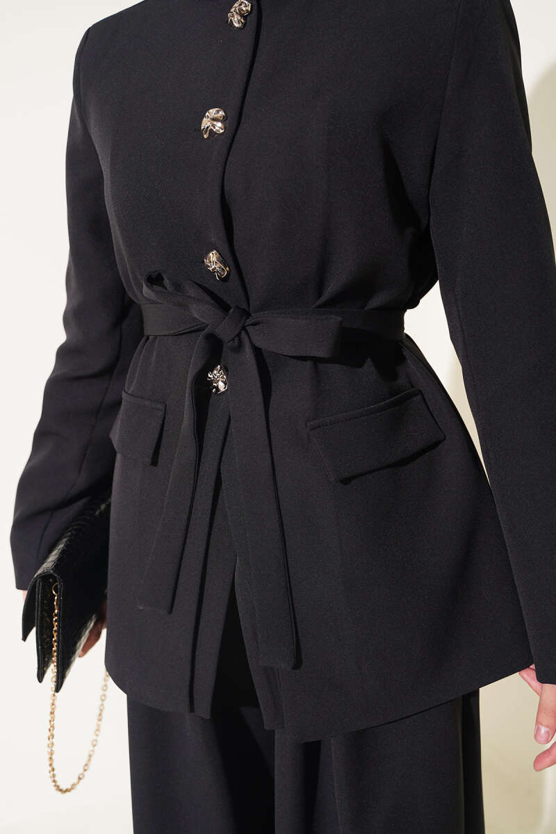 Belted Pocket Detail French Terry Two-Piece Set Black - Imagen 4