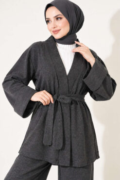Alternative view of Wide-Sleeve Two-Piece Set with Waist Belt Anthracite