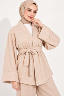 Alternative view of Wide-Sleeve Two-Piece Set with Waist Belt Beige