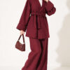 Wide-Sleeve Two-Piece Set with Waist Belt Burgundy - Afbeelding 3
